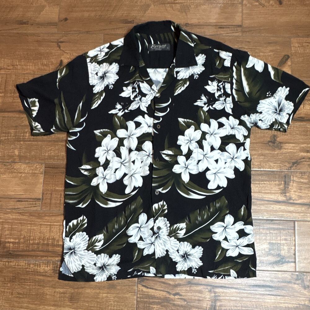 Favant Men’s Black/White Floral Hawaiian Button-Up Shirt Spread Collar L